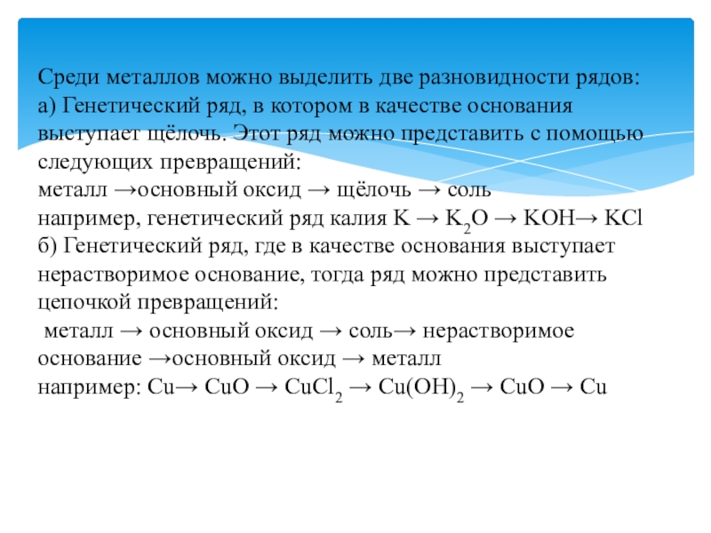 Среди металлов. Генетический ряд металла меди. Генетический ряд алюминия. Кинетический ряд цинка.