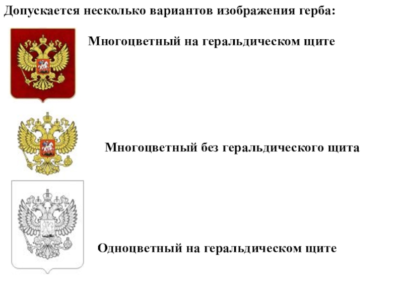 Порядок официального использования государственного герба. Допускается несколько вариантов изображения герба:. Многоцветный без геральдического щита. Герб РФ без геральдического щита. Одноцветный без геральдического щита герб РФ.