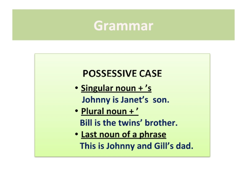 GrammarSingular noun + ’s  Johnny is Janet’s son.Plural noun + ’  Bill is the twins’