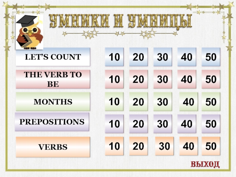 10203040501020304050102030405010203040501020304050LET’S COUNTVERBSMONTHSTHE VERB TO BEPREPOSITIONS