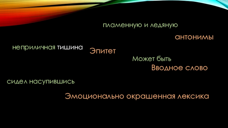 пламенную и ледянуюантонимынеприличная тишинаЭпитетМожет бытьВводное словосидел насупившисьЭмоционально окрашенная лексика