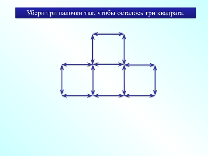 Убери палочку. Убери три палочки так чтобы осталось три квадрата. Убери 3 палочки чтобы получилось 3 квадрата. Убрать 3 палочки, чтобы осталось 3 квадрата. Убери 5 палочек так чтобы осталось 3 квадрата.