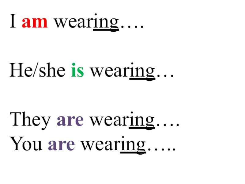 I am wearing….  He/she is wearing…  They are wearing…. You are wearing…..