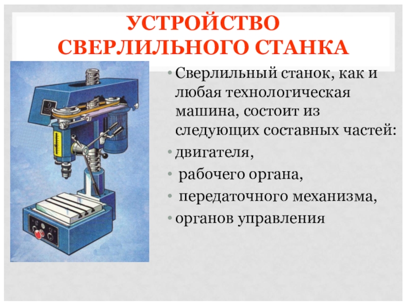 УСТРОЙСТВО  СВЕРЛИЛЬНОГО СТАНКАСверлильный станок, как и любая технологическая машина, состоит из следующих составных частей: двигателя, рабочего