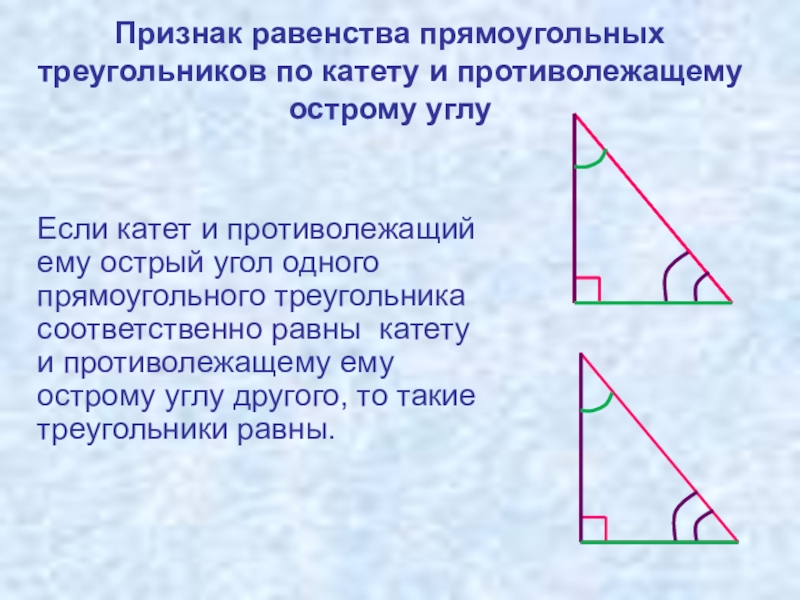 Построить треугольник по 2 катетам. 2 Признак равенства прямоугольных треугольников. 1 Признак равенства прямоугольных треугольников. 4 Признака равенства прямоугольных треугольников. Признак равенства треугольников по катету и прилежащему острому углу.