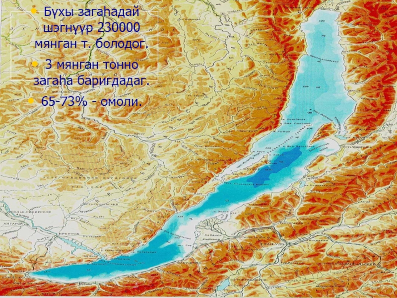 75 түхэлэй загаhад ажамидарна.Бүхы загаhадай шэгнүүр 230000 мянган т. болодог.3 мянган тонно загаhа баригдадаг.65-73% - омоли.