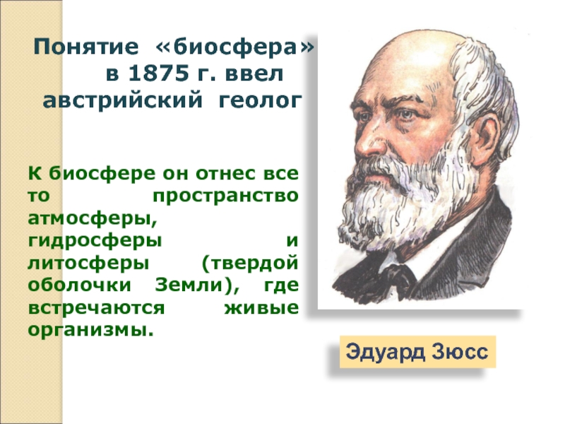 Эдуард Зюсс Понятие «биосфера»   в 1875 г. ввел австрийский геолог К биосфере он отнес все