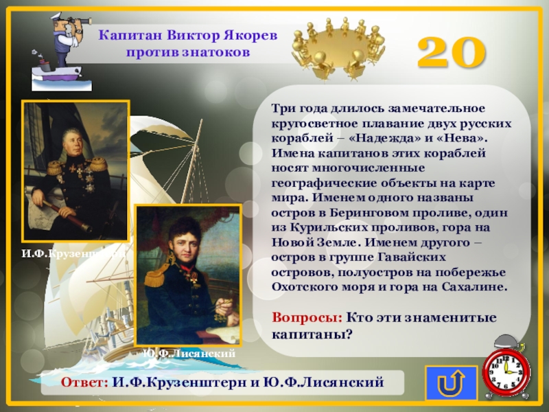 Ответ: И.Ф.Крузенштерн и Ю.Ф.ЛисянскийТри года длилось замечательное кругосветное плавание двух русских кораблей – «Надежда» и «Нева». Имена