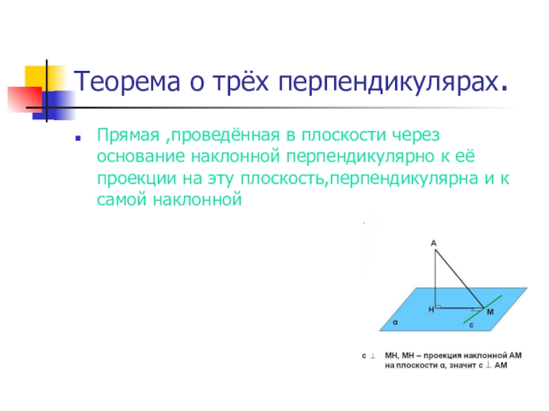 Прямая проведенная в плоскости через основание. Теорема перпендикулярности прямой и наклонной. Теорема о перпендикулярности трех прямых. Теорема о перпендикулярности прямых. Перпендикулярность прямой и плоскости наклонной и проекции.