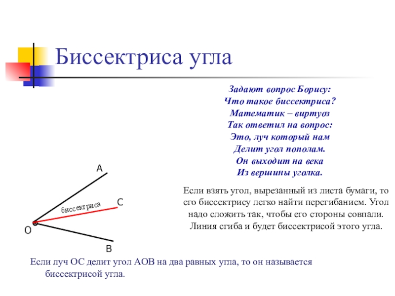 Какой луч называется биссектрисой угла сделайте рисунок геометрия 7 класс