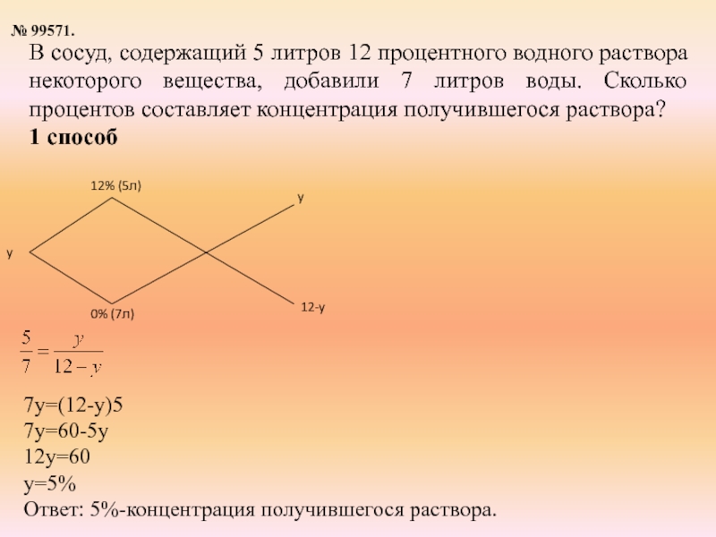   № 99571. В сосуд, содержащий 5 литров 12 процентного водного раствора некоторого вещества, добавили 7 литров воды.