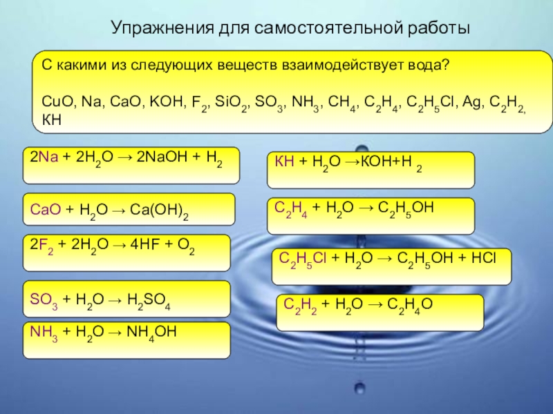 Cuo cao sio2 4. Какие вещества взаимодействуют с водой. Какие вещества реагируют с водой. Koh взаимодействует с. Вещества которые реагируют с водой.