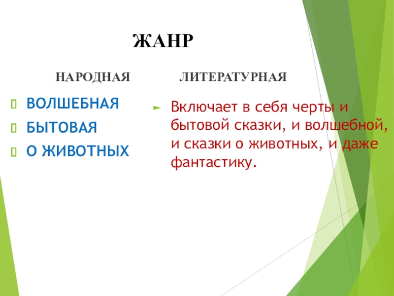 ЖАНРНАРОДНАЯВОЛШЕБНАЯБЫТОВАЯО ЖИВОТНЫХЛИТЕРАТУРНАЯВключает в себя черты и бытовой сказки, и волшебной, и сказки о животных, и даже фантастику.