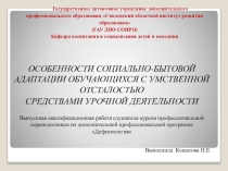 Презентация к выступлению ОСОБЕННОСТИ СОЦИАЛЬНО-БЫТОВОЙ АДАПТАЦИИ ОБУЧАЮЩИХСЯ С УМСТВЕННОЙ ОТСТАЛОСТЬЮ СРЕДСТВАМИ УРОЧНОЙ ДЕЯТЕЛЬНОСТИ