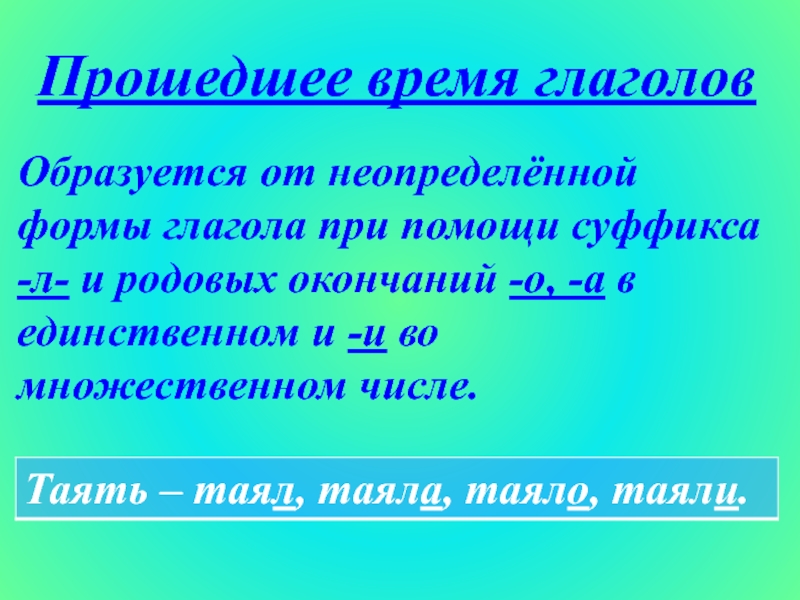 Прошедшее время глаголовОбразуется от неопределённой формы глагола при помощи суффикса -л- и родовых окончаний -о, -а в