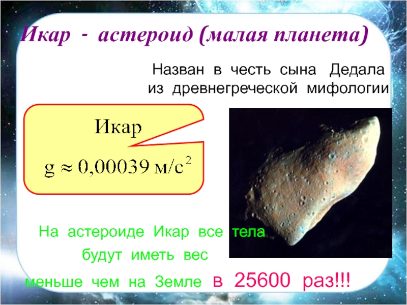 Икар - астероид (малая планета) Назван в честь сына  Дедала из древнегреческой мифологии  На астероиде