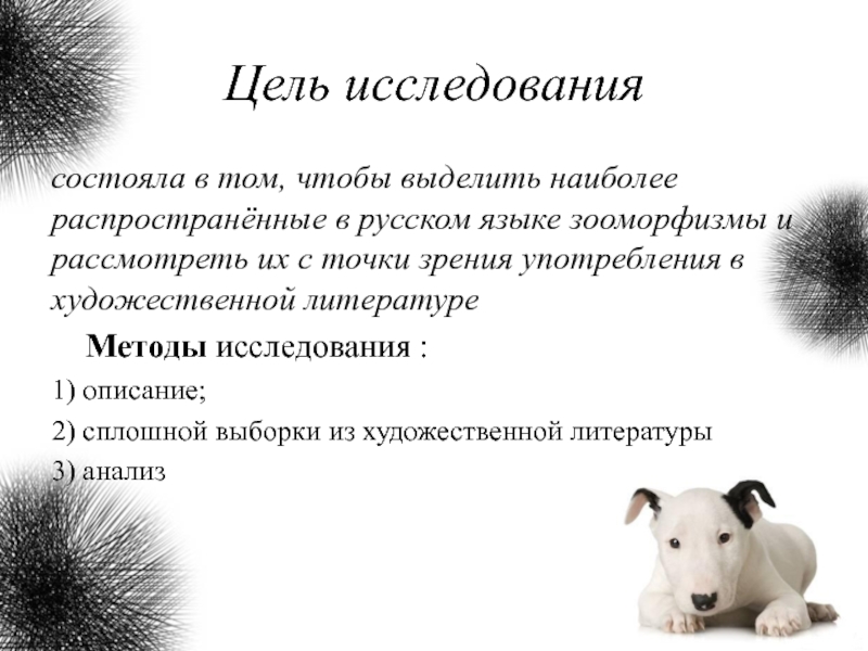 Цель исследованиясостояла в том, чтобы выделить наиболее распространённые в русском языке зооморфизмы и рассмотреть их с точки