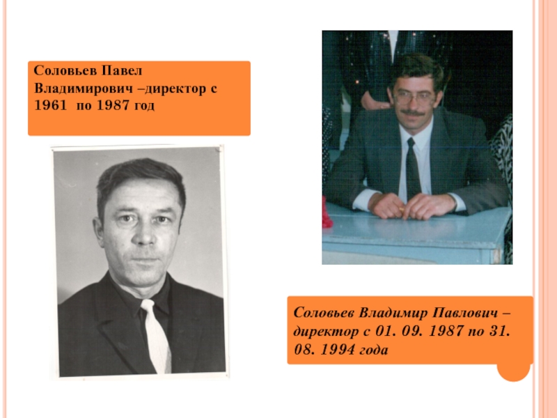Соловьев Павел Владимирович –директор с 1961 по 1987 годСоловьев Владимир Павлович – директор с 01. 09. 1987