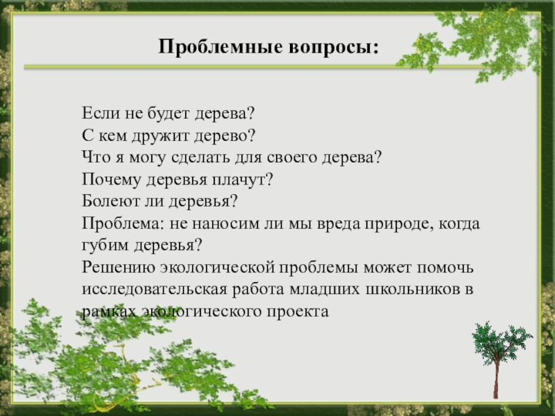 Вопросы по древесине. Дерево проблемных вопросов. Проект деревья наши друзья проблемный вопрос. Деревья наши друзья проект. Экологический проект деревья наши друзья.