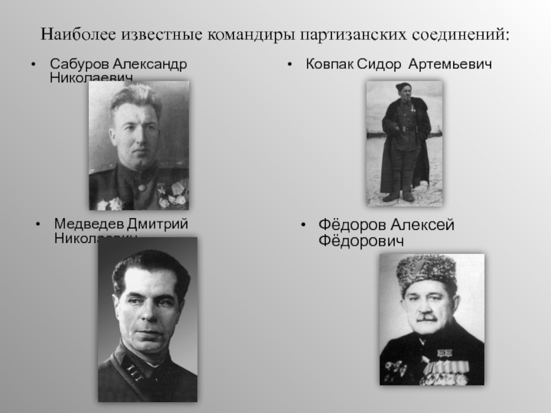 Укажите командира крупного партизанского соединения. Наиболее известные командиры партизанских соединений. Ковпак командир партизанского движения. Руководители партизанских отрядов. Прославленные командиры партизанских соединений.