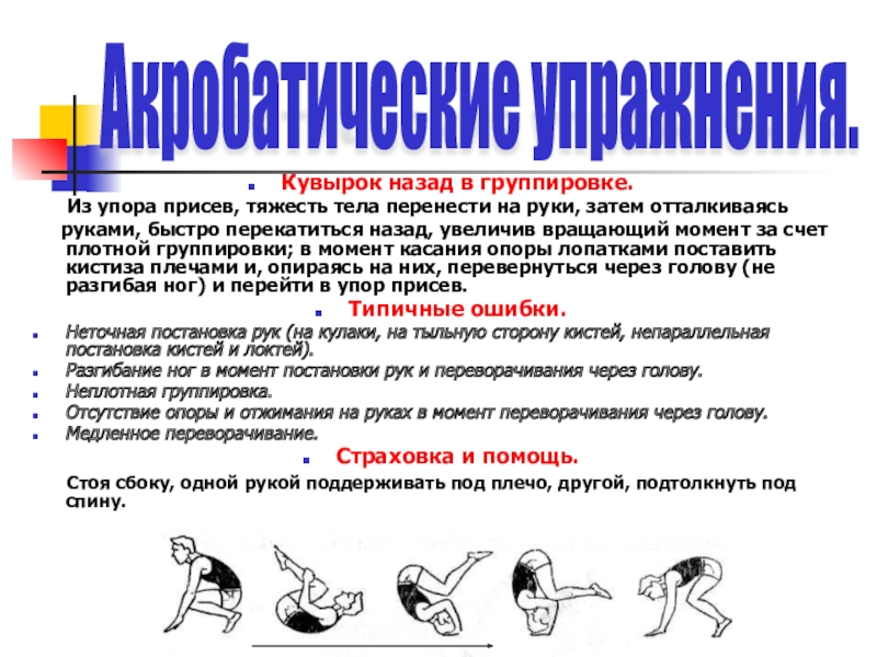 Состоять в группировке. Кувырок назад в упор присев. Кувырок назад в группировке. Кувырок назад из упора присев. Кувырок назад в группировке из упора присев.