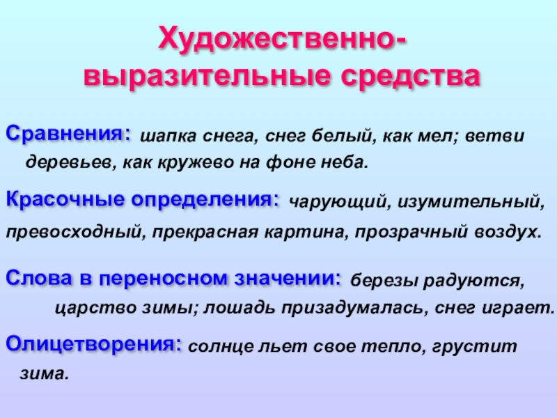 Средства выразительности сосредоточены в той части текста где описывается сама картина и впечатление