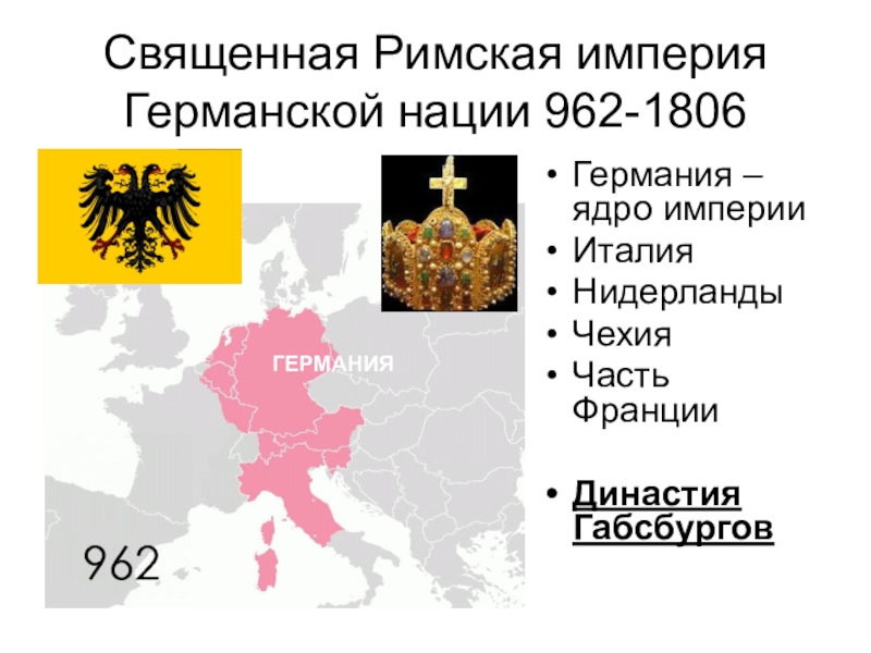 Священная Римская империя Германской нации 962-1806Германия – ядро империиИталияНидерландыЧехияЧасть ФранцииДинастия ГабсбурговГЕРМАНИЯ
