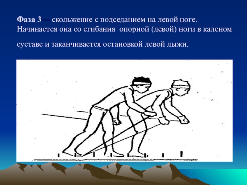 Свободно скользящий. 3 Фаза - скольжение с подседанием. Фаза 1 двухшажный. Скольжение с подседанием на левой ноге. Фазы скольжения на лыжах.