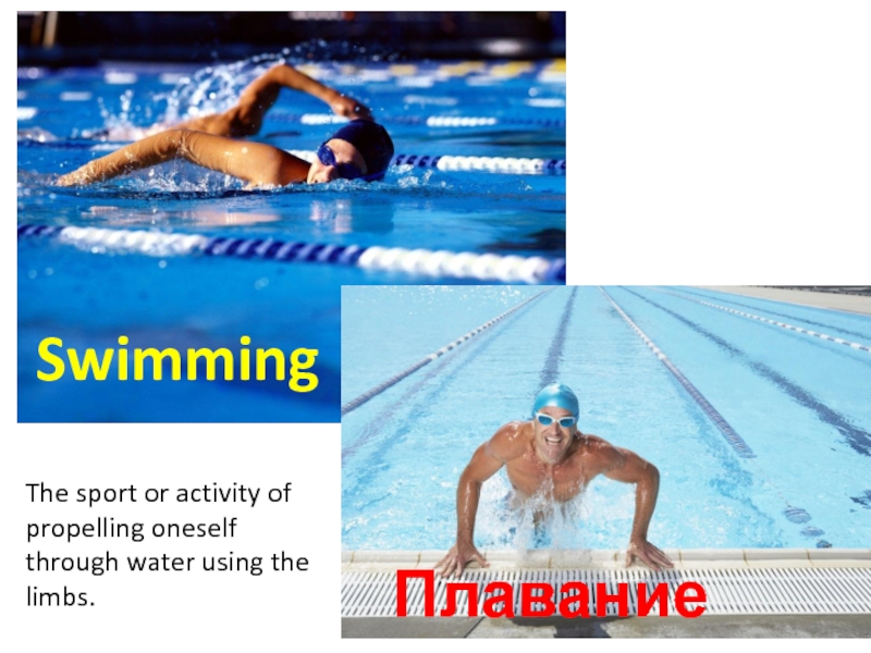 Swimming  ПлаваниеThe sport or activity of propelling oneself through water using the limbs.