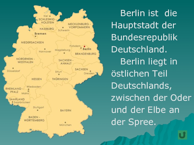 Berlin ist die Hauptstadt der Bundesrepublik Deutschland.  Berlin liegt in östlichen Teil Deutschlands, zwischen