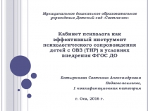 Презентация Кабинет психолога как эффективный инструмент психологического сопровождения детей с ОВЗ (ТНР) в условиях внедрения ФГОС ДО