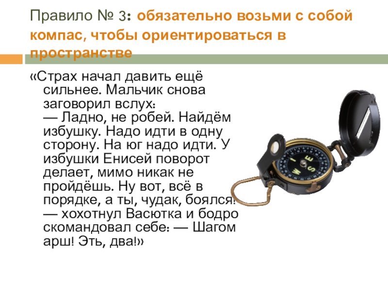 Правило № 3: обязательно возьми с собой компас, чтобы ориентироваться в пространстве«Страх начал давить ещё сильнее. Мальчик