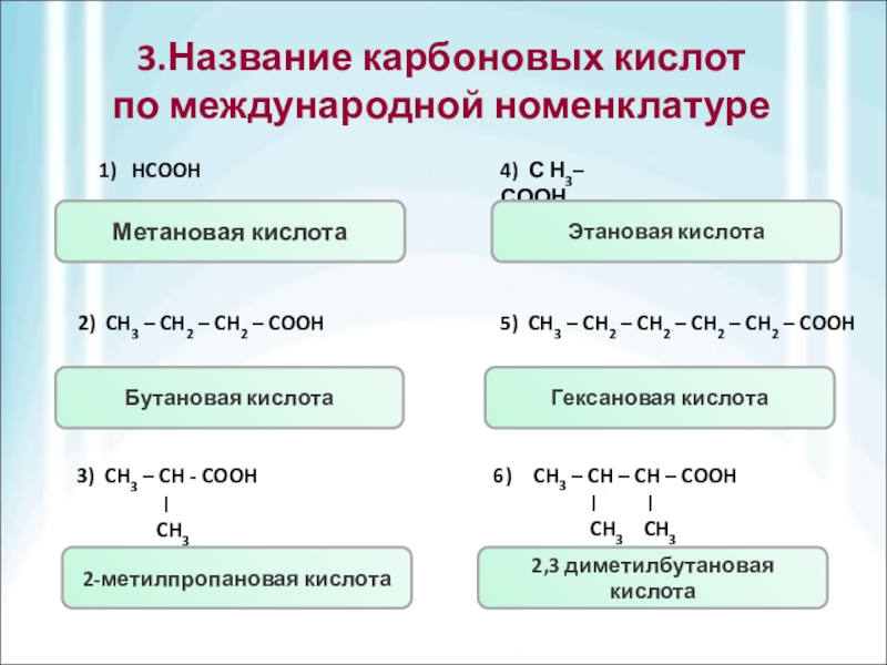 Три карбоновые кислоты. Номенклатура карбоновых кислот кратко. Название карбоновых кислот по международной номенклатуре. Название кислоты по международной номенклатуре. Ch3 -с -ch2-c карбоновые кислоты.