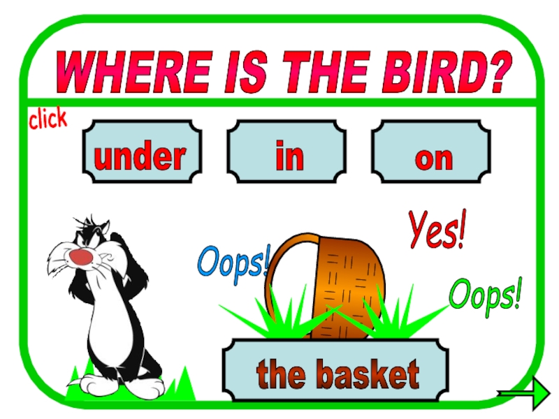 WHERE IS THE BIRD? in on under the basket Oops! Yes! Oops! click
