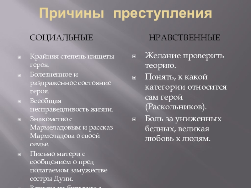 Преступление и наказание содержание по частям. Причины преступлений. Преступление и наказание причины преступления. Причины преступления социальные и нравственные. Социальные причины преступления.