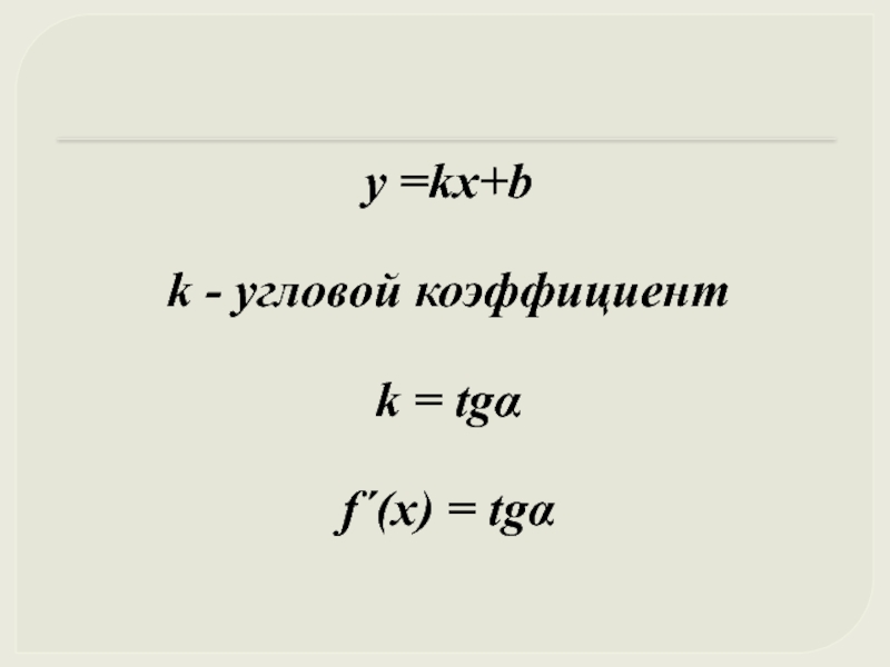 y =kx+bk - угловой коэффициентk = tgαf´(x) = tgα