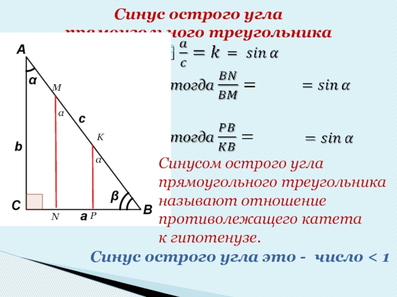 Синус острого угла  прямоугольного треугольникаMNKPααСинусом острого угла прямоугольного треугольника называют отношение противолежащего катетак гипотенузе.Синус острого угла