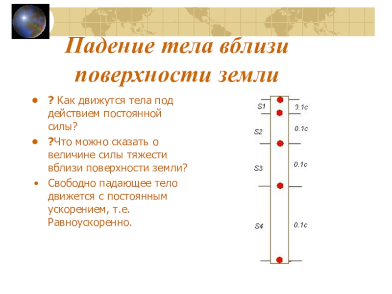 Тело свободно падает на землю. Ускорение свободного падения вблизи поверхности земли. Сила тяжести в близи повер. Стробоскопическая фотография свободно падающего тела. Падение тела в жидкости.