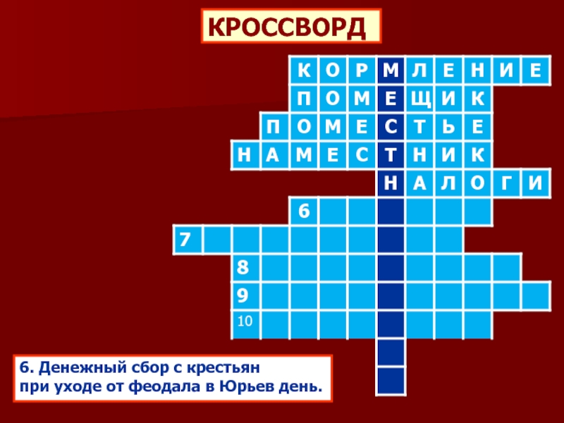 КРОССВОРД6. Денежный сбор с крестьян при уходе от феодала в Юрьев день.