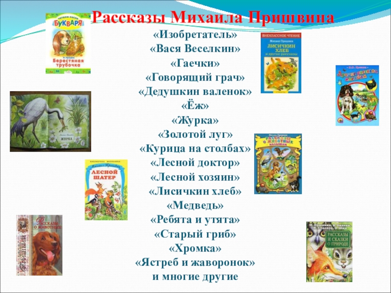 Рассказы Михаила Пришвина «Изобретатель» «Вася Веселкин» «Гаечки» «Говорящий грач» «Дедушкин валенок» «Ёж» «Журка»