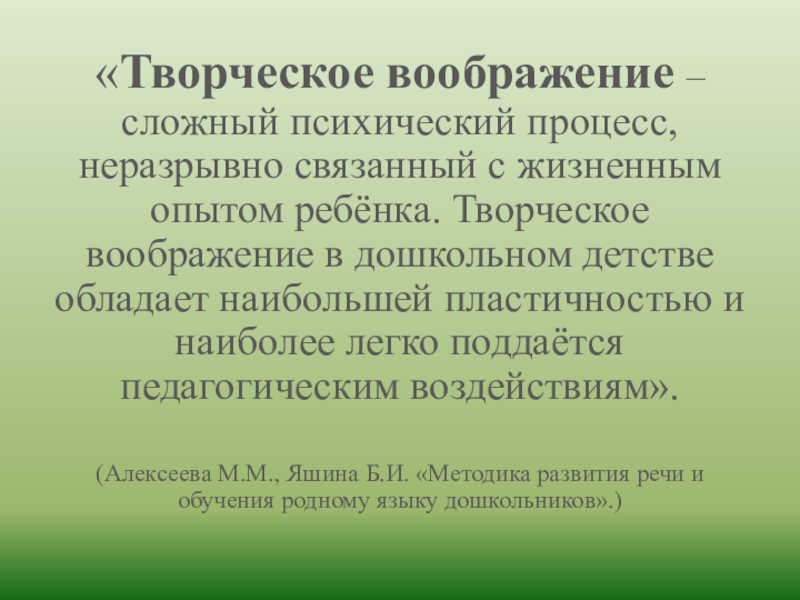 «Творческое воображение – сложный психический процесс, неразрывно связанный с жизненным опытом ребёнка. Творческое воображение в дошкольном детстве