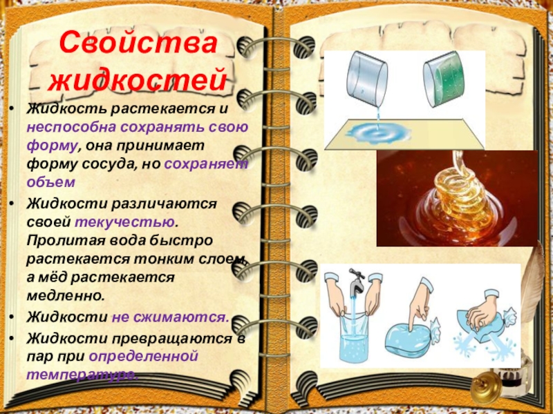 Жидкости 7 класс. Свойства жидкости физика 7 класс. Картинка вода-это жидкость она растекается и принимает форму.