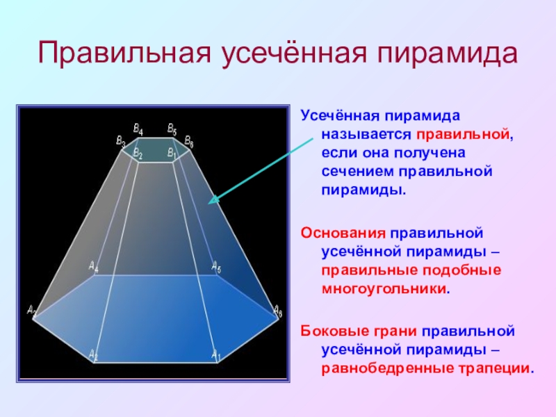 Боковыми гранями правильной. Боковые грани усеченной пирамиды. Боковые грани правильной усеченной пирамиды. Осевое сечение усеченной пирамиды. Усеченная пирамида с 99 ребрами.