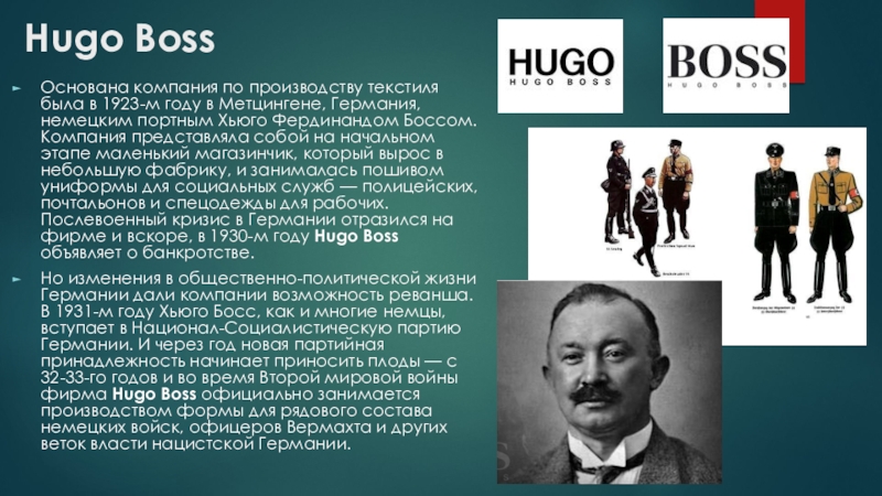 Фирма hugo. Hugo Boss компания. Хьюго босс основатель. Hugo Boss коллекция 1934 года.