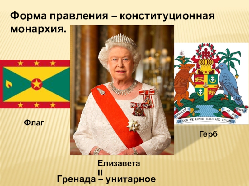 ФлагГербФорма правления – конституционная монархия.Елизавета IIГренада – унитарное государство.