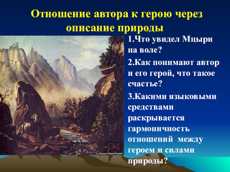 Роль пейзажа в поэме. Описание природы в Мцыри. Авторское отношение к герою Мцыри. Образ природы в Мцыри. Автор Мцыри Автор.