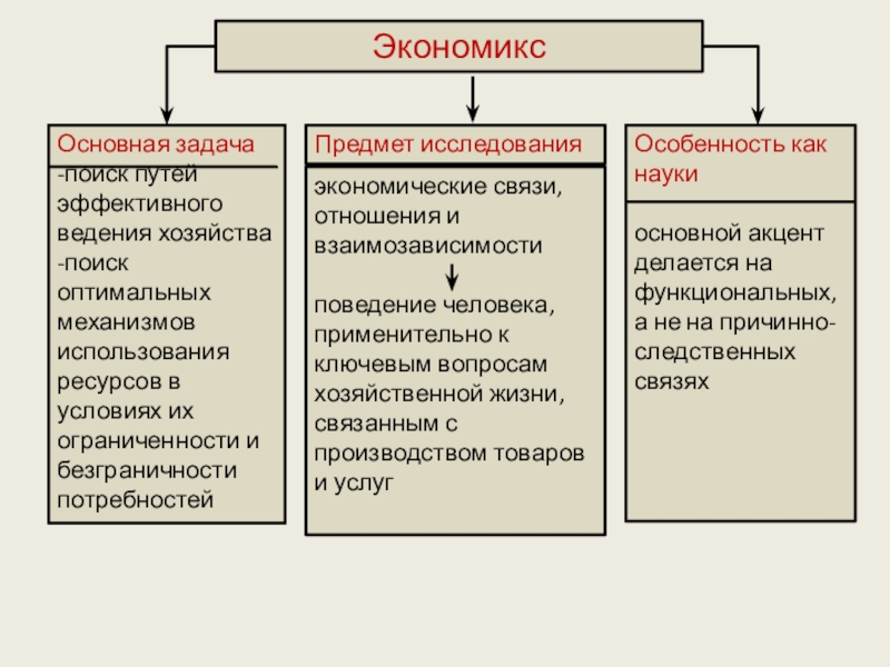 ЭкономиксПредмет исследованияОсобенность как наукиосновной акцент делается на функциональных, а не на причинно-следственных связяхОсновная задача-поиск путей эффективного ведения