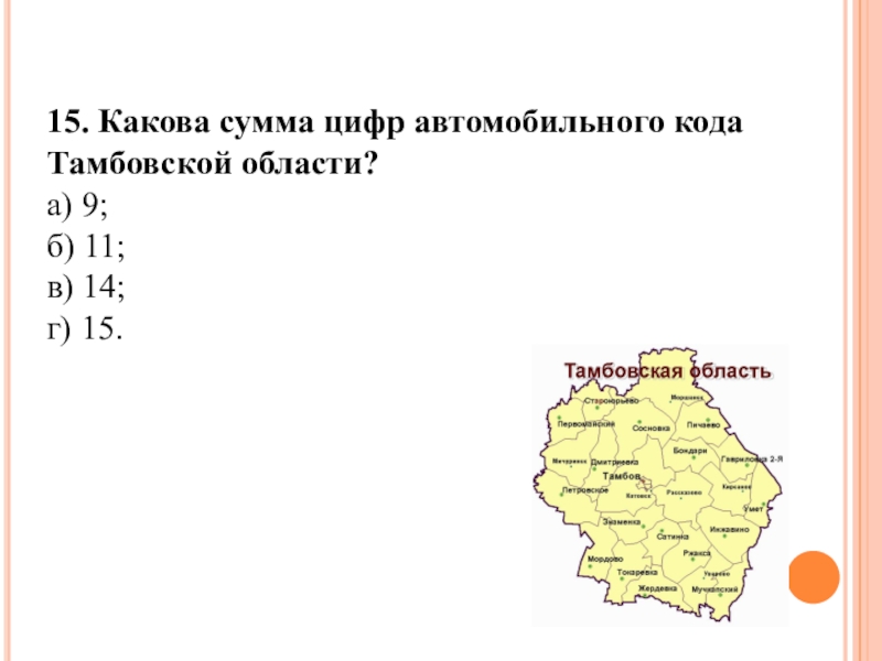 Какова сумма. Автомобильный код Тамбова. Код Тамбовской области. Какова сумма всех цифр.