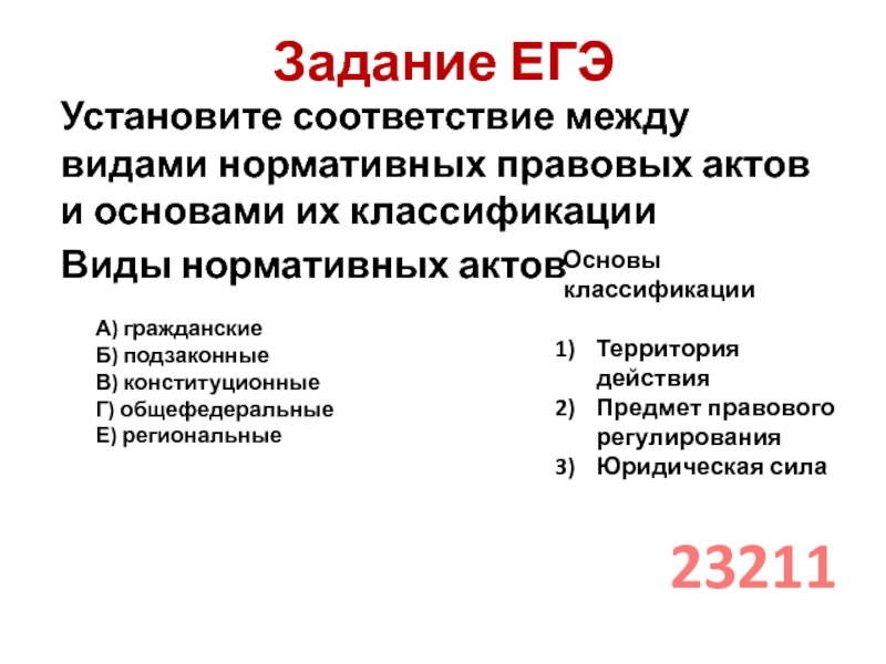 Задание ЕГЭУстановите соответствие между видами нормативных правовых актов и основами их классификацииВиды нормативных актовА) гражданскиеБ) подзаконныеВ) конституционныеГ)