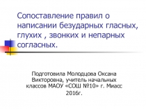 Презентация к уроку русского языка Сопоставление правил написания безударных гласных, глухих, звонких и непарных согласных. (3 класс)